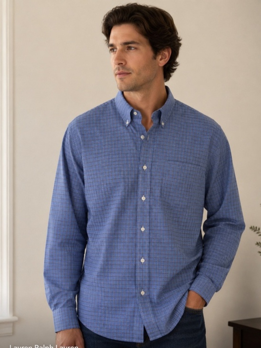 Lauren Ralph Lauren Blue Checked Cotton Button-Down Shirt size 16.5 / 34-35